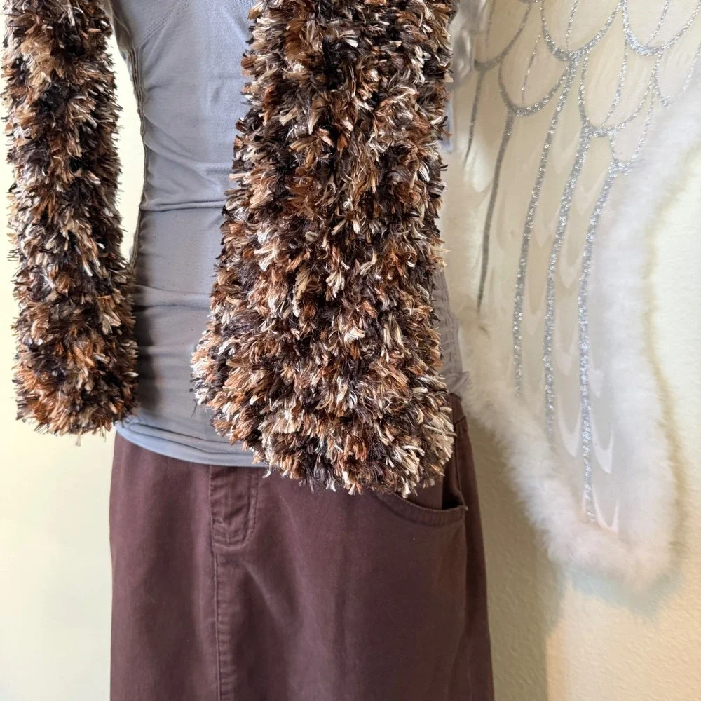 Y2K Eyelash Fuzzy Shaggy‎ Fringe Scarf Brown Tan White Textured 90s Whimsygoth